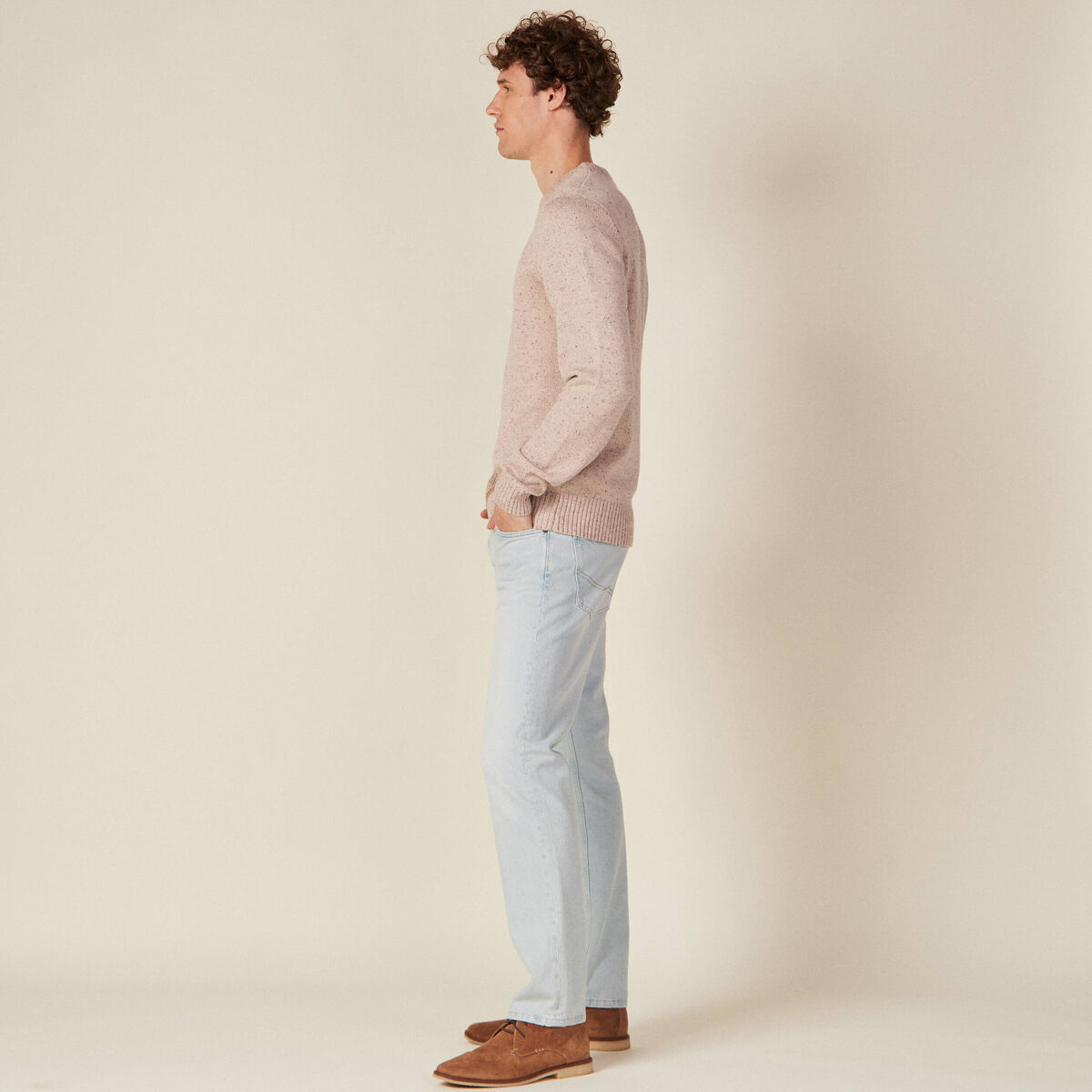 Pull manches longues col rond beige homme