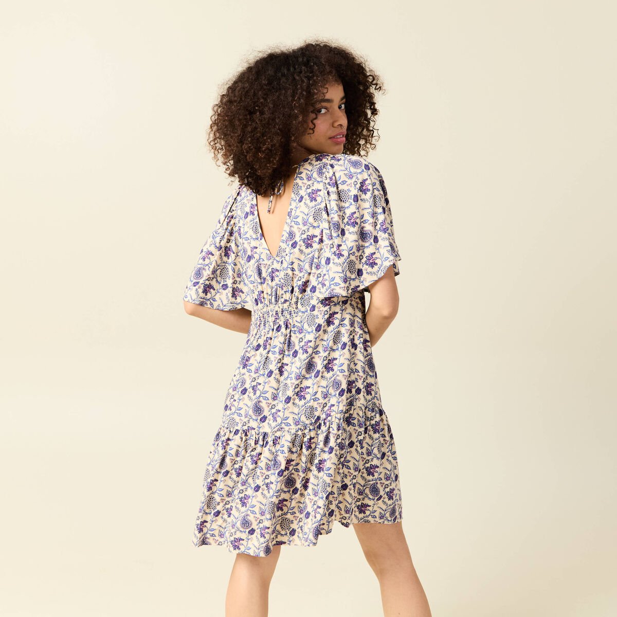 Robe col V manches courtes bleu femme