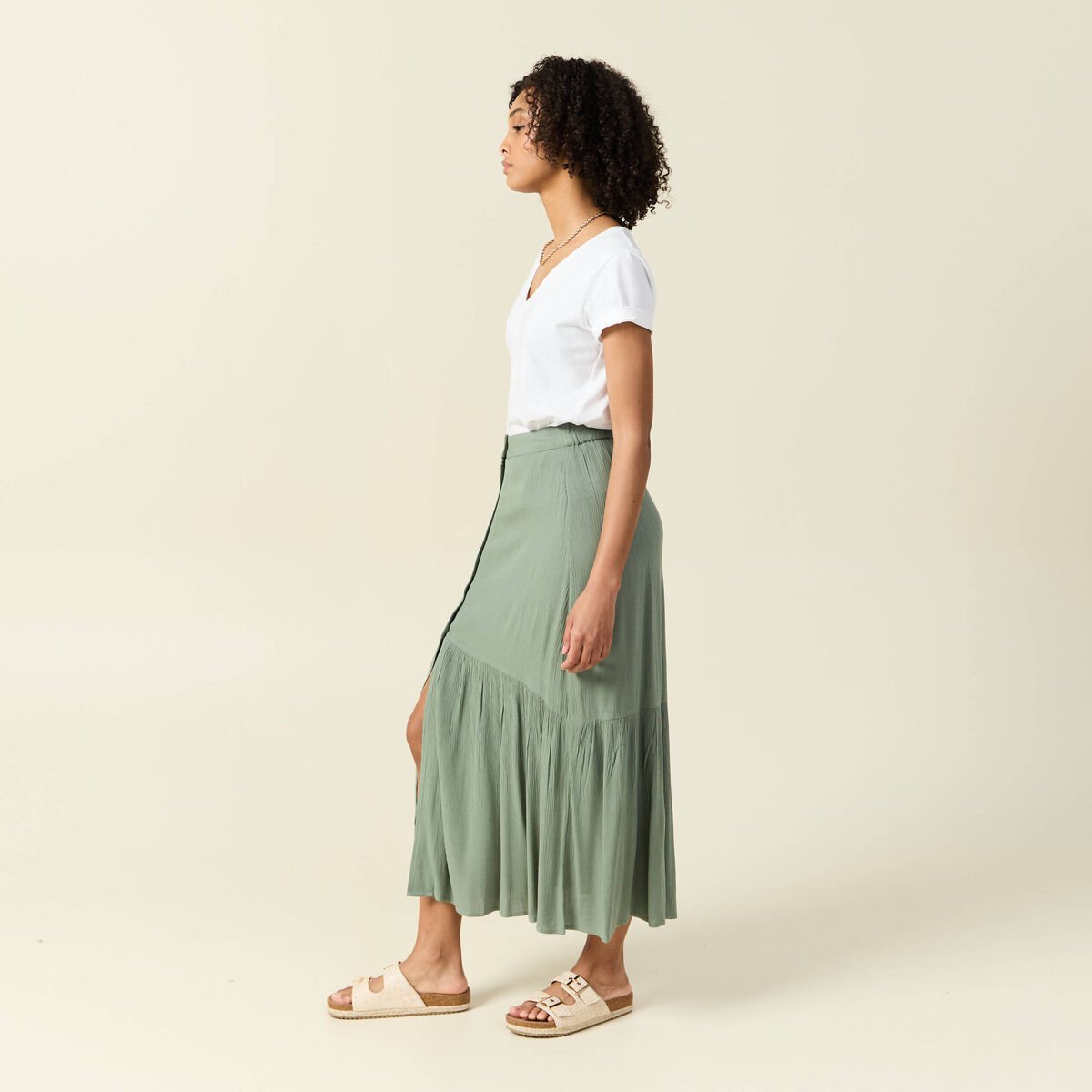 Jupe longue évasée vert kaki femme