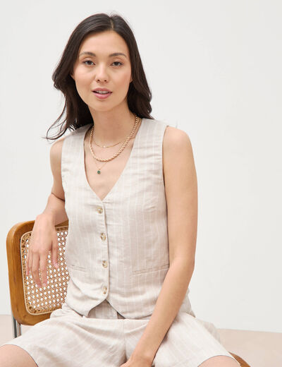 Gilet ajust&eacute; col v sans manches beige femme