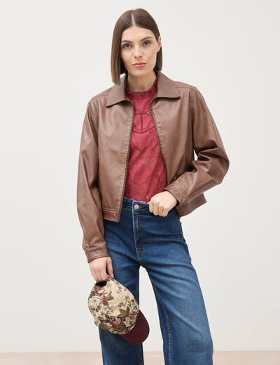 Blouson manches longues similicuir marron femme