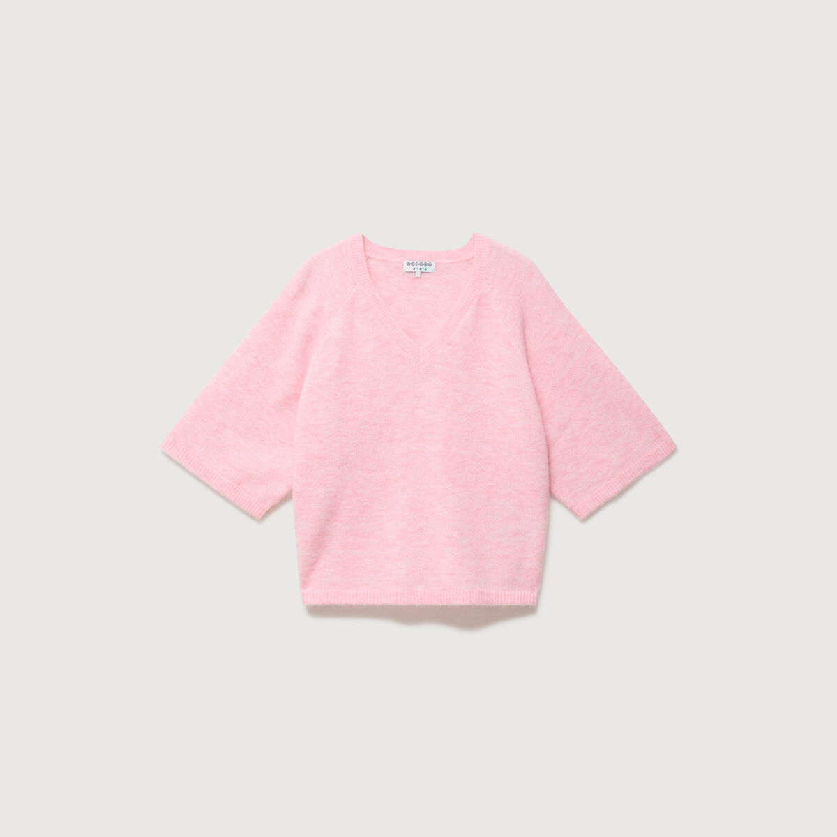 Pull droit court col v manches courtes rose clair femme