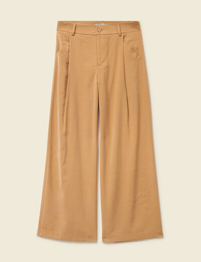 Pantalon large taille haute marron clair femme