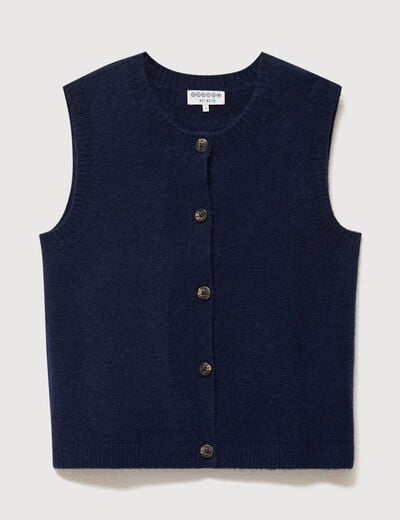 Pull droit court sans manches col rond bleu marine femme