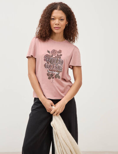 T-shirt droit col rond manches courtes vieux rose femme