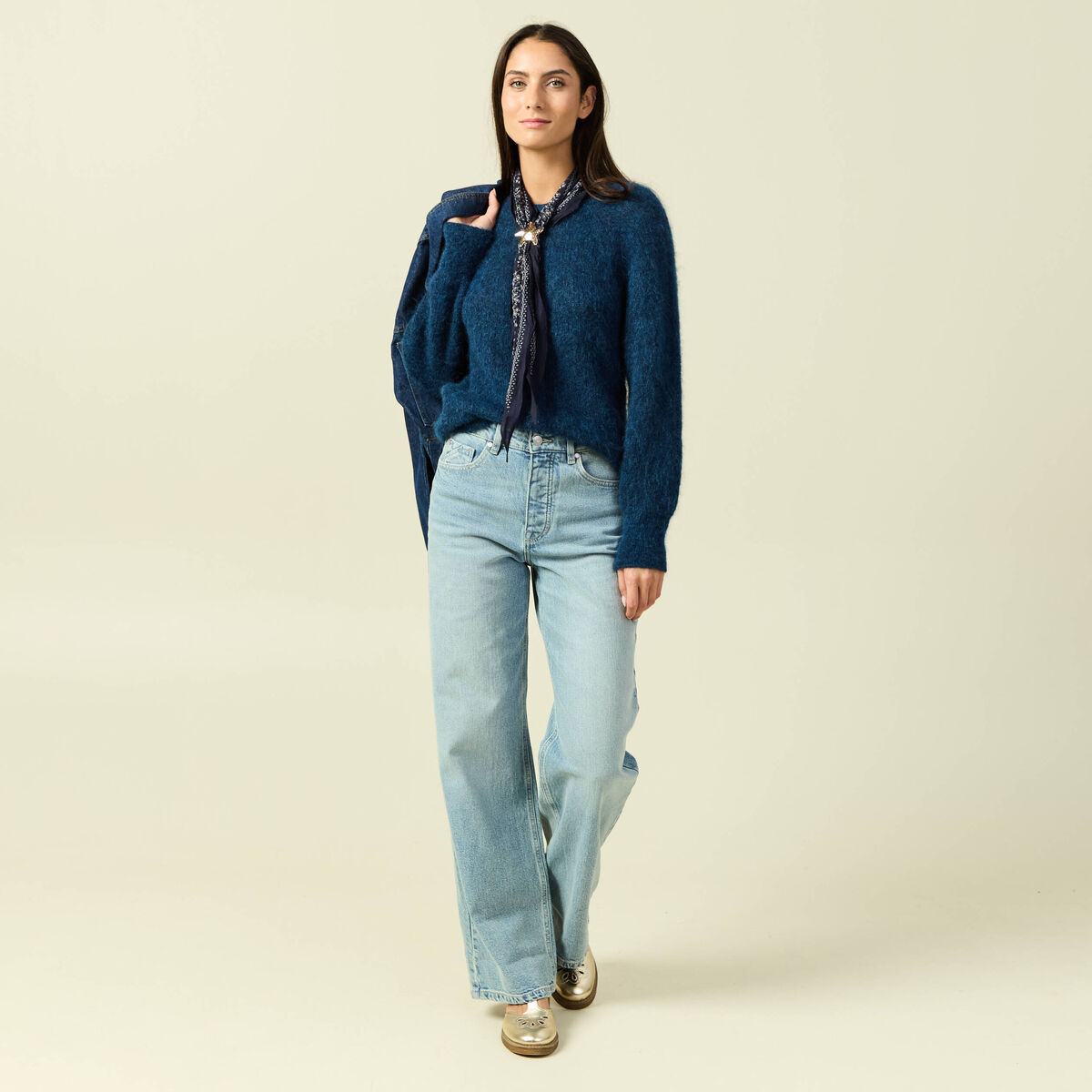 Pull manches longues col rond bleu canard femme