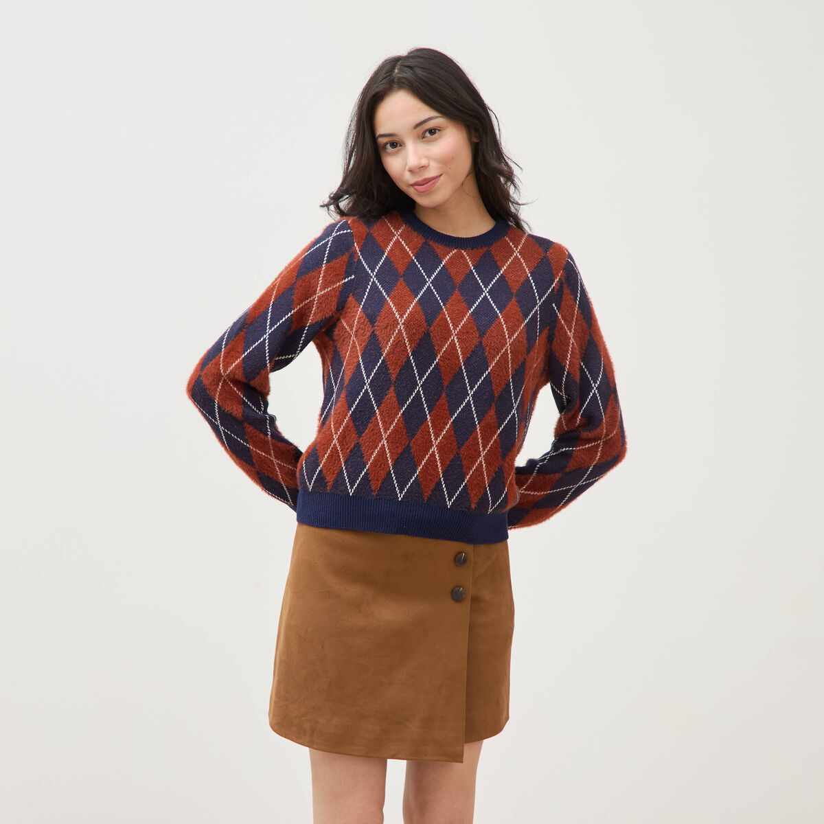Pull droit manches longues col rond orange citrouille femme