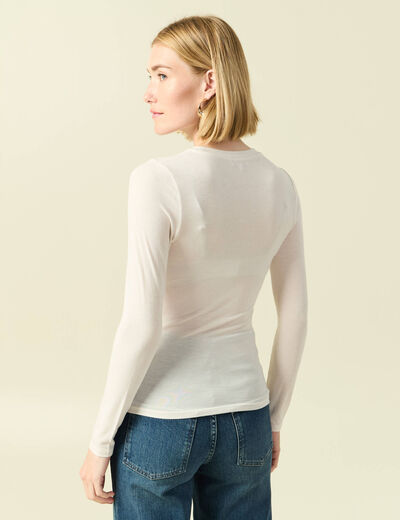 T-shirt cintr&eacute; manches longues col rond creme femme