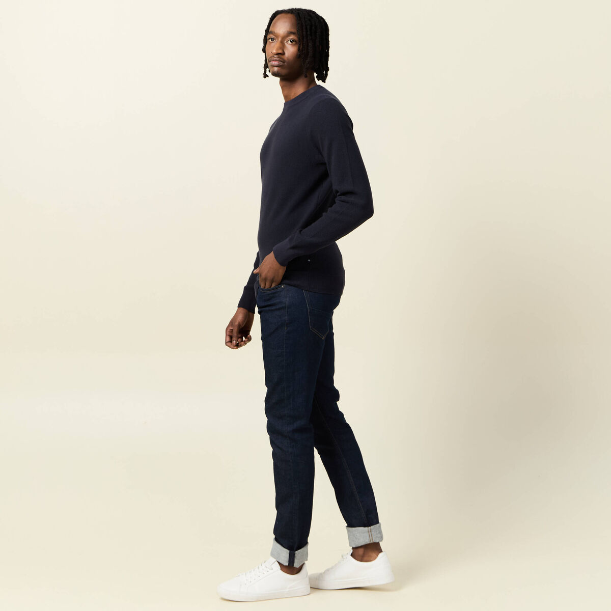 Pull fin col rond manches longues bleu marine homme