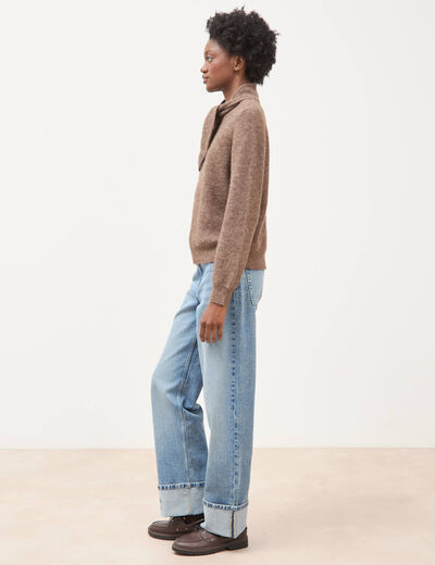 Pull droit col montant manches longues marron femme