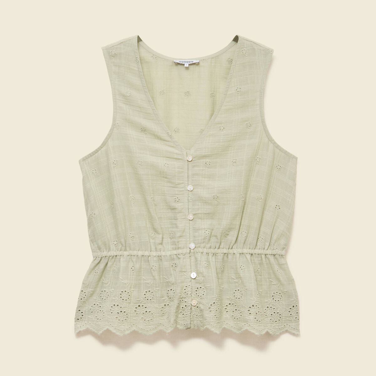 Top col v sans manches en coton vert kaki femme
