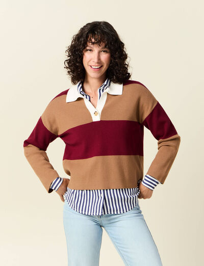 Pull manches longues col polo rouge femme