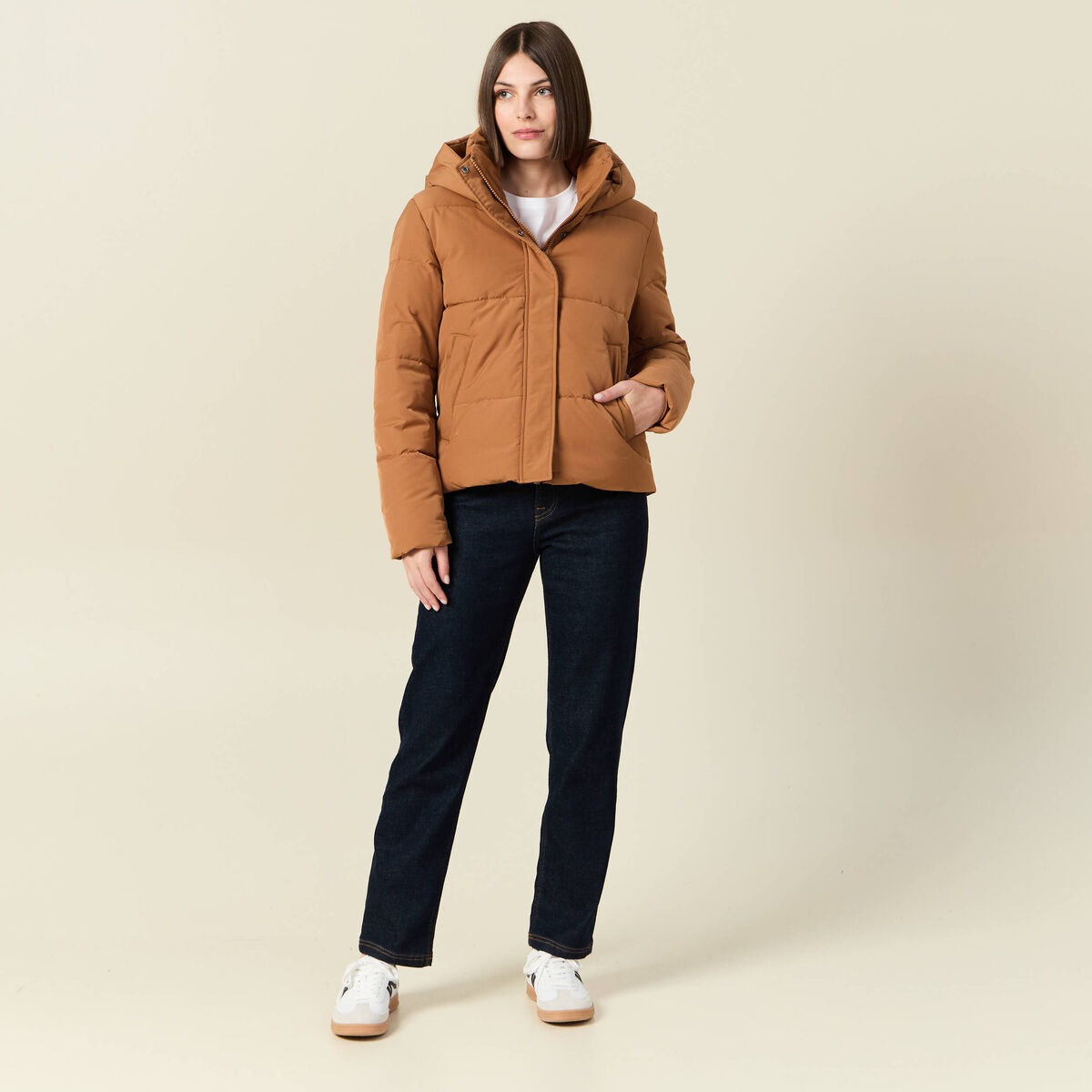 Doudoune à capuche marron clair femme