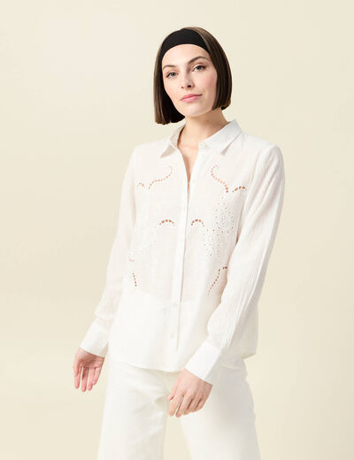Chemise manches longues en coton brodée creme femme