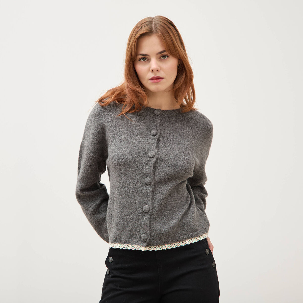 Gilet manches longues col rond gris femme