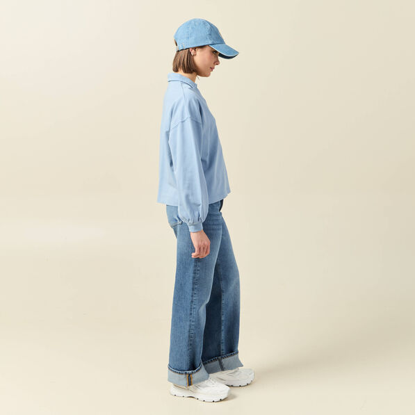 Sweat manches longues col polo bleu clair femme