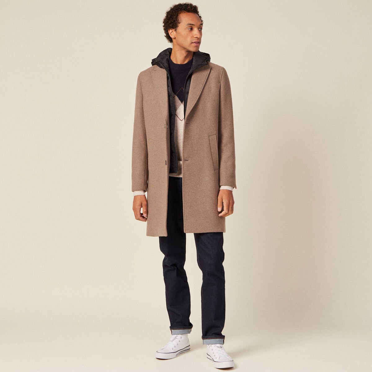 Manteau avec capuche amovible vert kaki homme