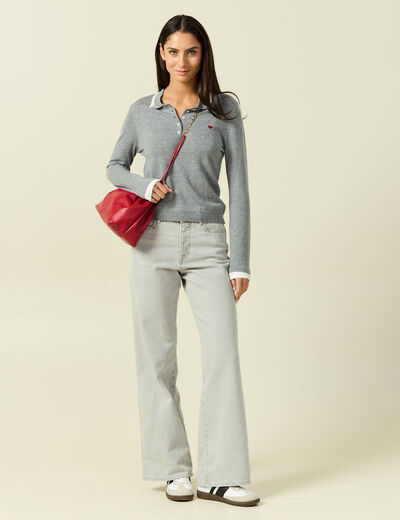 Polo manches longues avec c&oelig;ur brod&eacute; gris clair femme