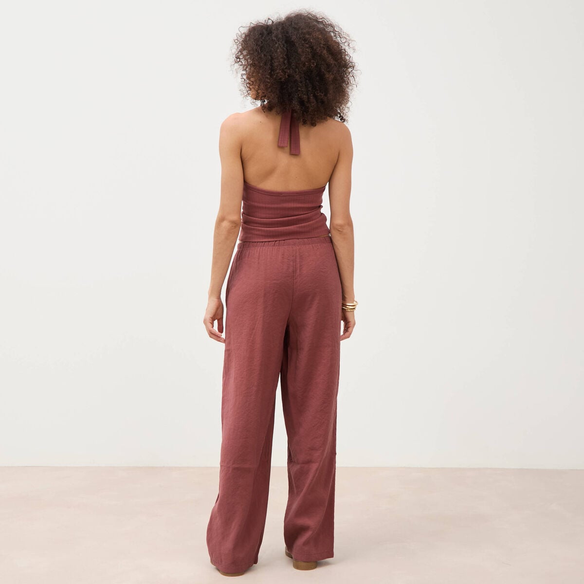 Pantalon large taille standard fluide marron cognac femme