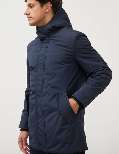 Parka longue droite &agrave; capuche bleu marine homme