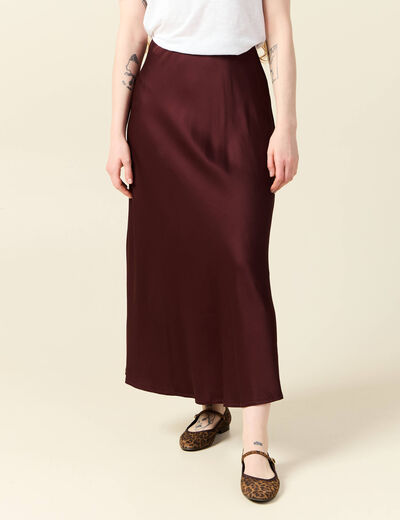 Jupe longue droite satin bordeaux femme