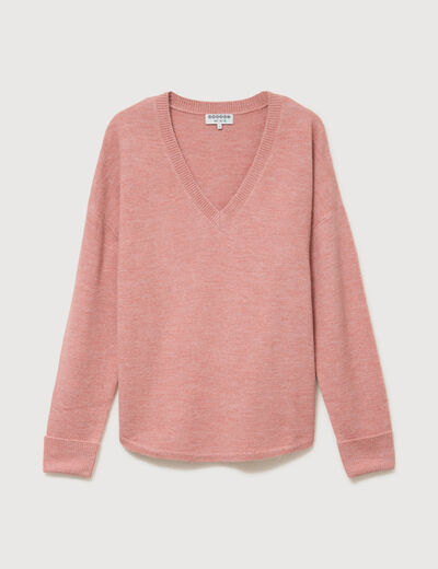 Pull manches longues col en V rose clair femme