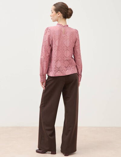 Blouse cintr&eacute;e dentelle manches longues vieux rose femme