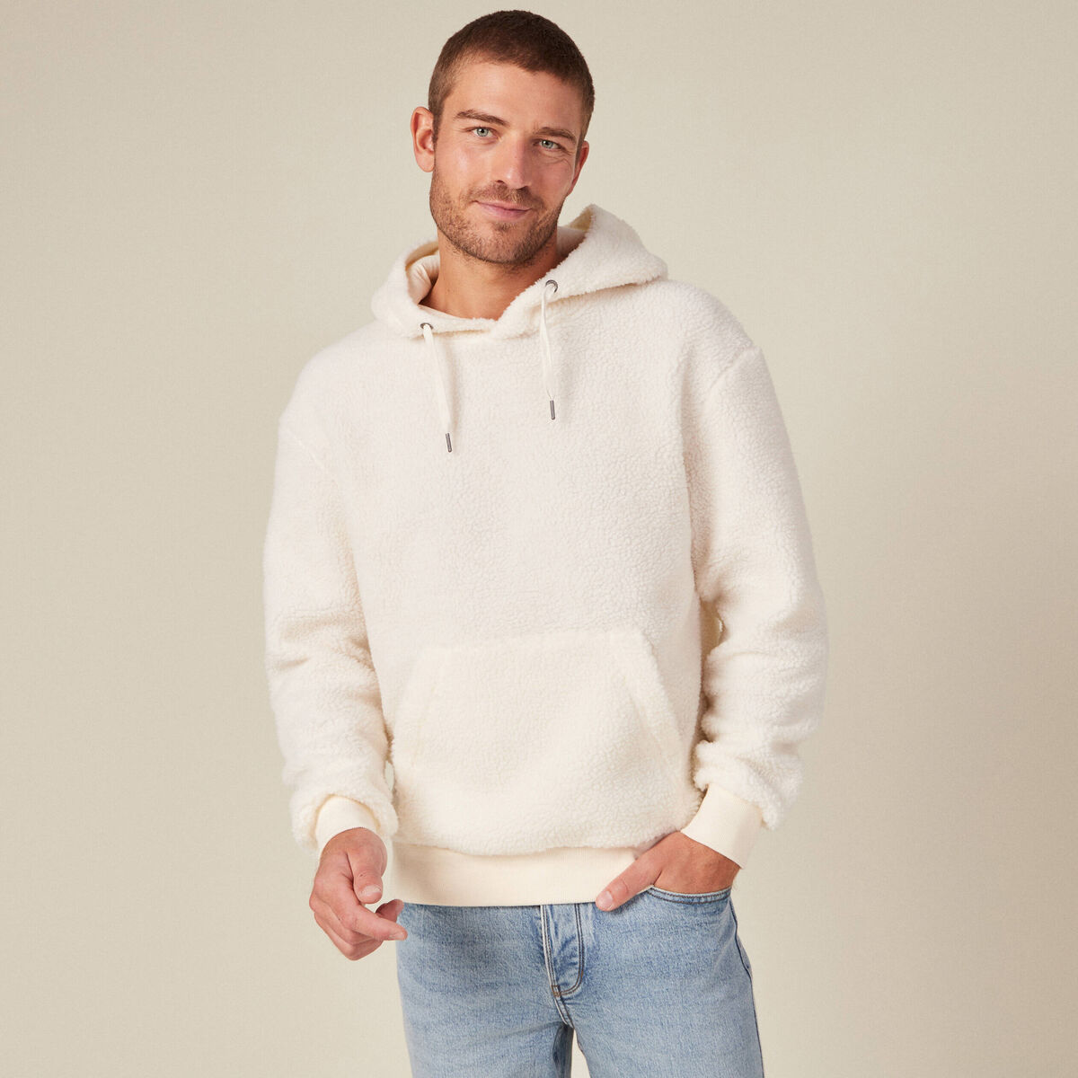 Sweat à capuche sherpa ecru homme