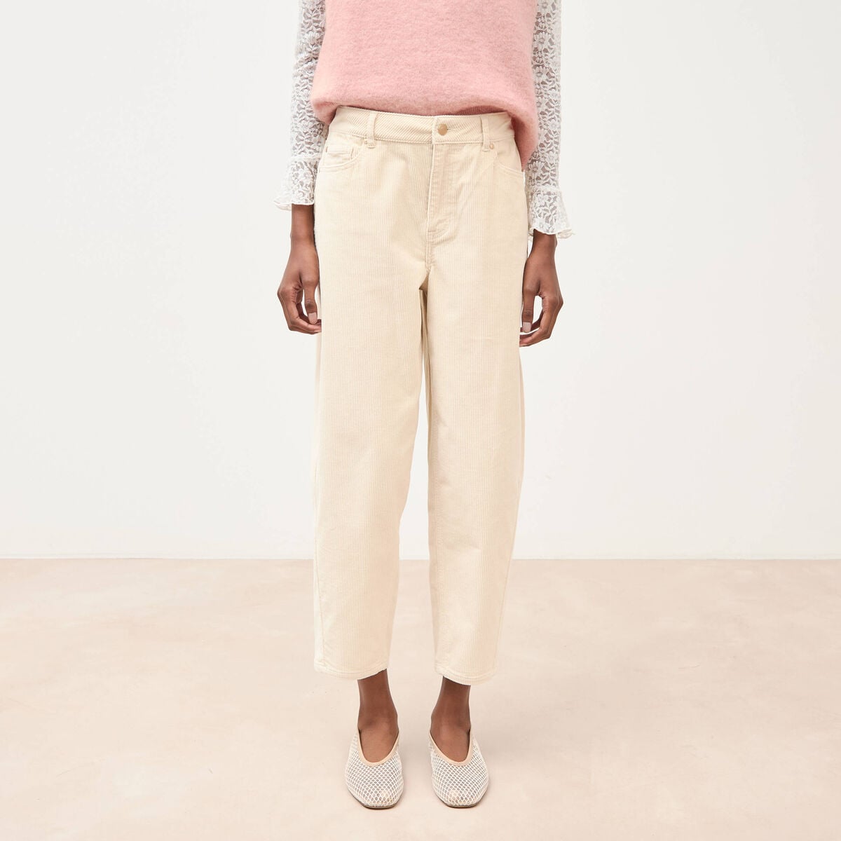 Pantalon taille haute velours resserr&eacute; ivoire femme