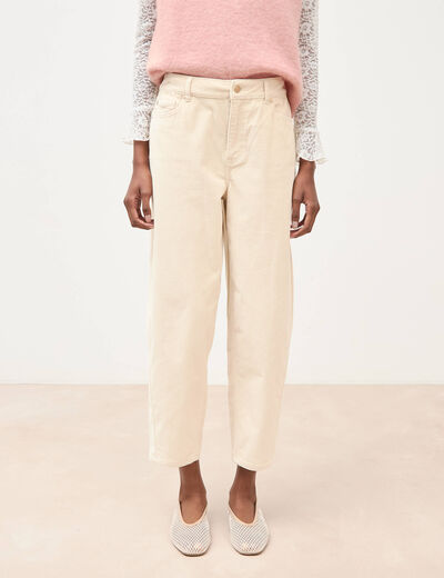 Pantalon taille haute velours resserr&eacute; ivoire femme