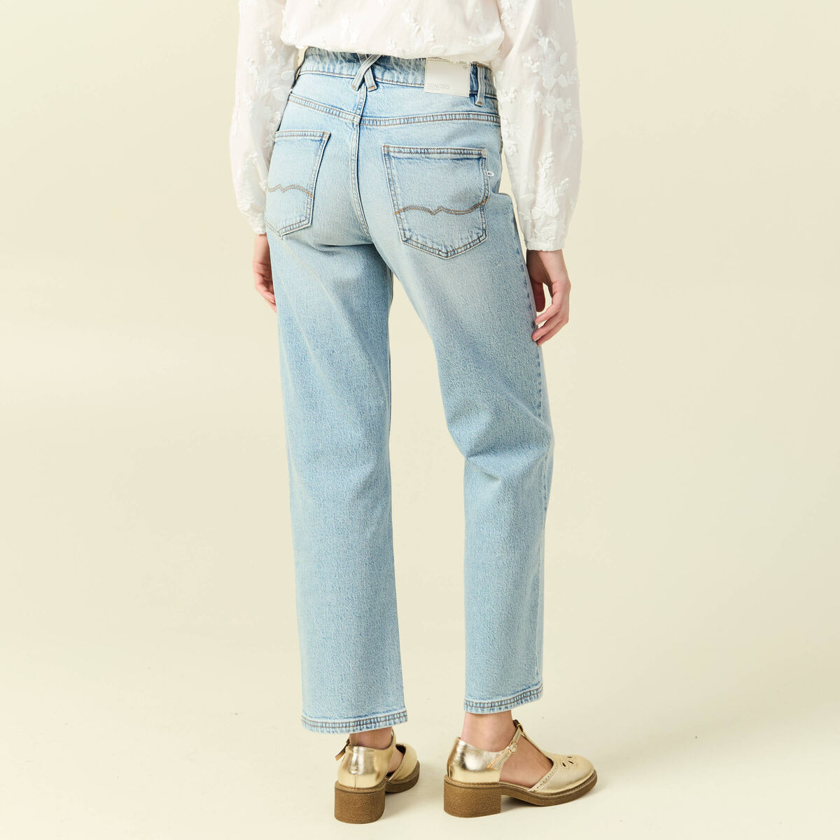 Jeans straight 7/8&egrave;me taille haute denim bleach femme