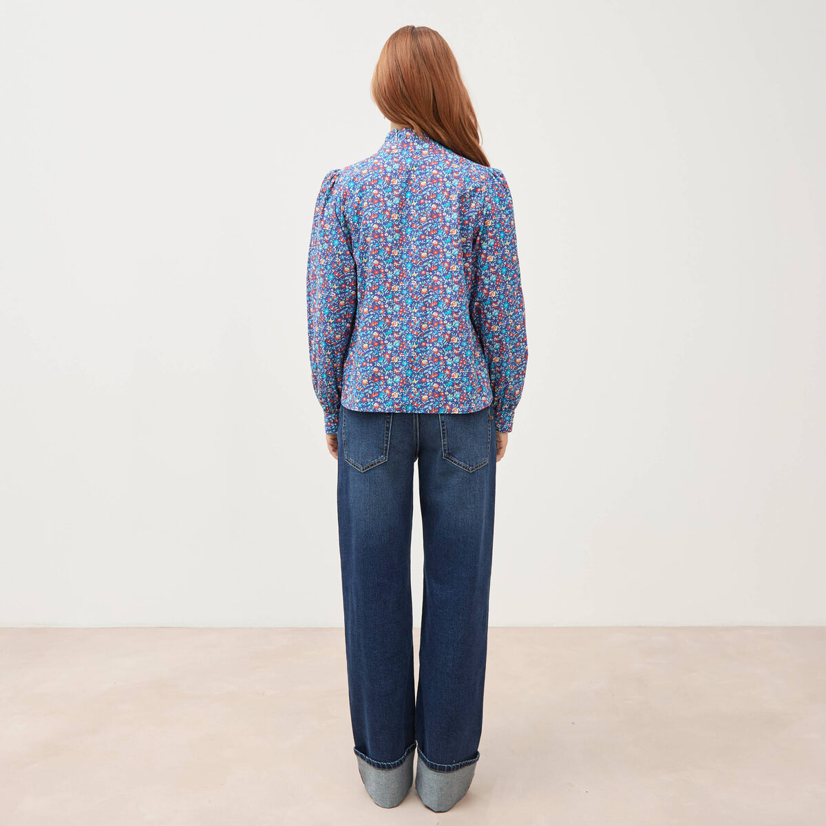 Chemise droite en coton manches longues bleu marine femme