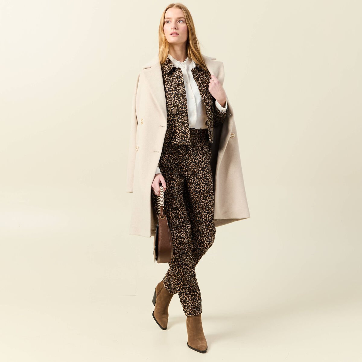 Pantalon slouchy taille haute beige femme