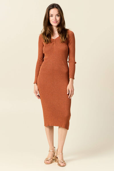 Robe pull midi ajustée orange foncé femme