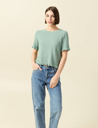 Pull droit court en coton vert pastel femme