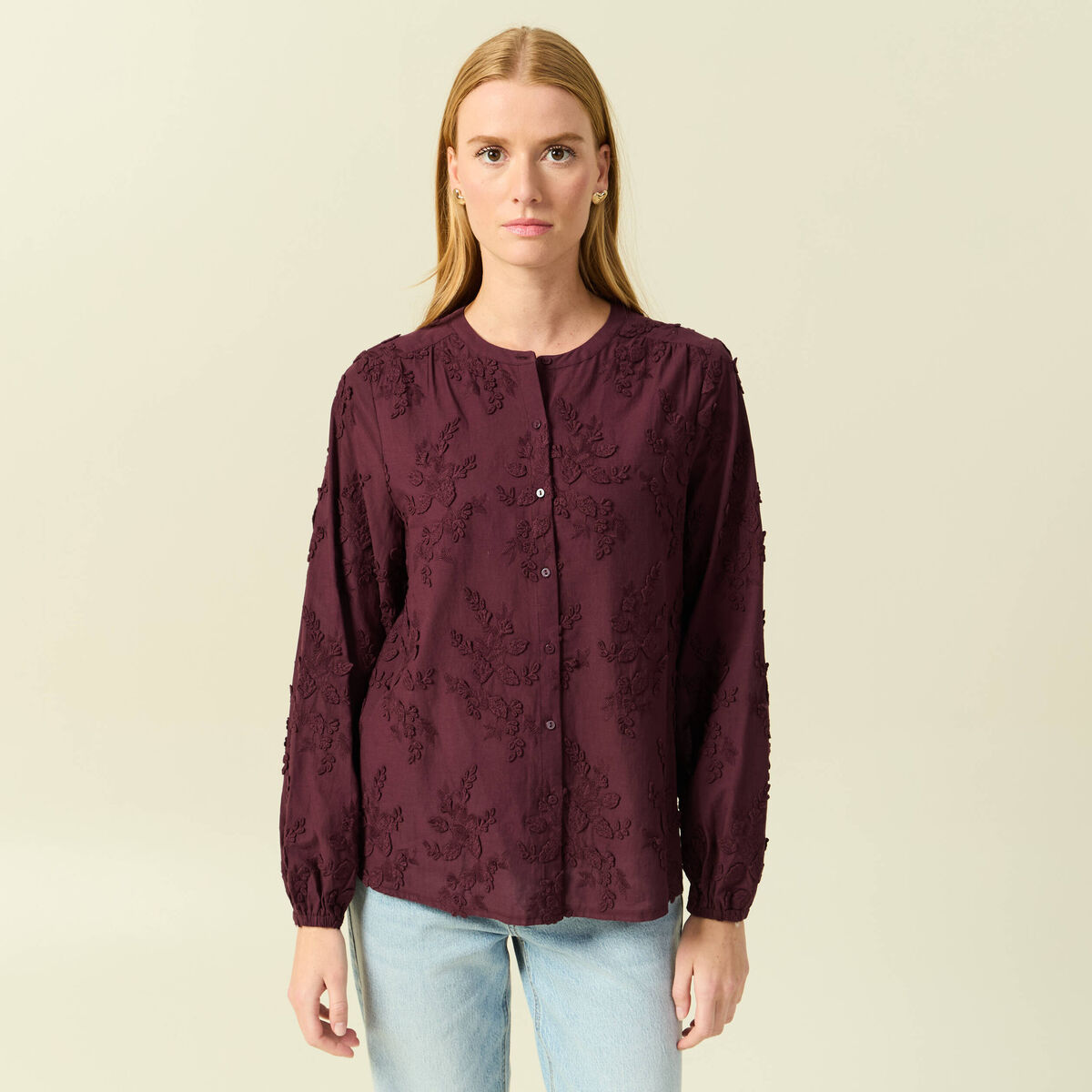 Chemise col rond manches longues brod&eacute;e prune femme