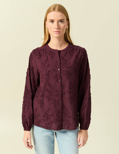 Chemise col rond manches longues brod&eacute;e prune femme