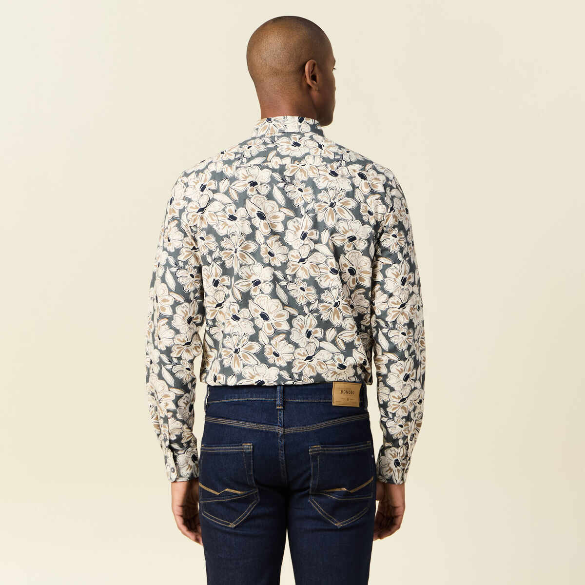 Chemise en coton manches longues beige homme