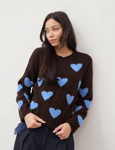Pull manches longues bouclette col rond marron femme