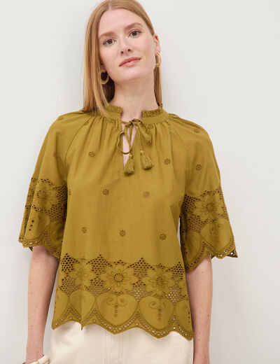 Blouse en coton manches courtes dentelle vert kaki femme
