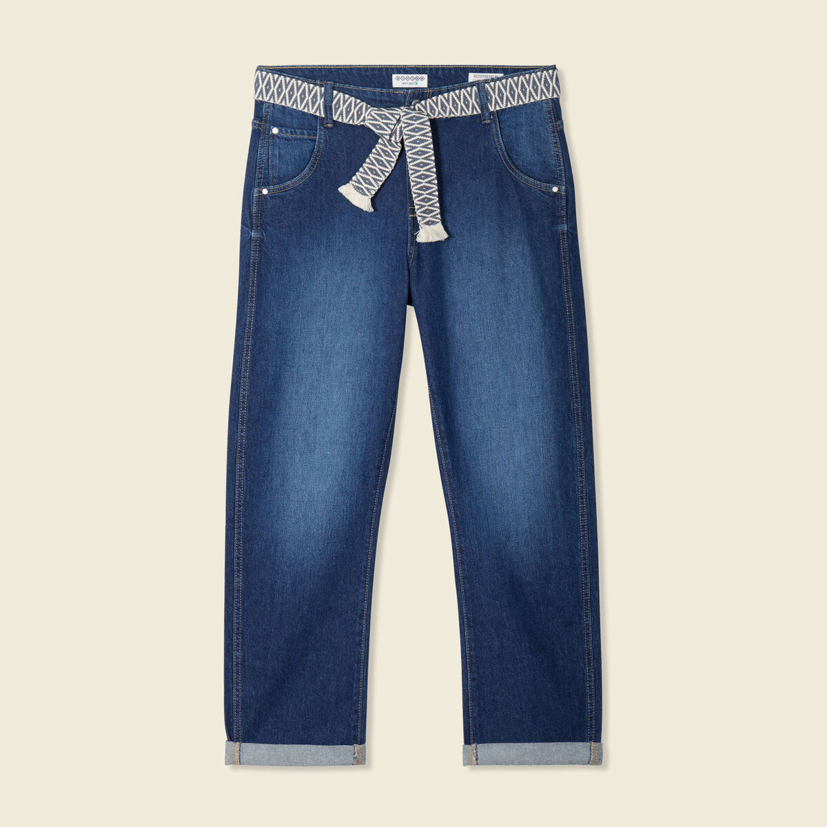 Jeans boyfriend ceintur&eacute; denim brut femme