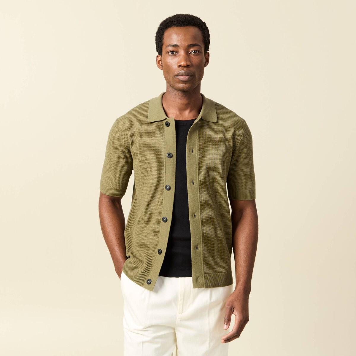 Chemise manches courtes col polo vert kaki homme
