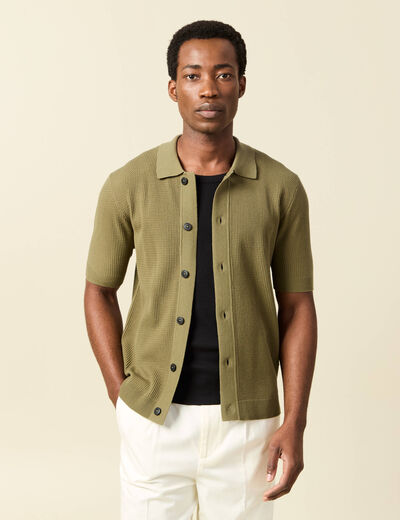 Chemise manches courtes col polo vert kaki homme