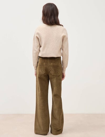 Pantalon large taille haute en velours vert olive femme
