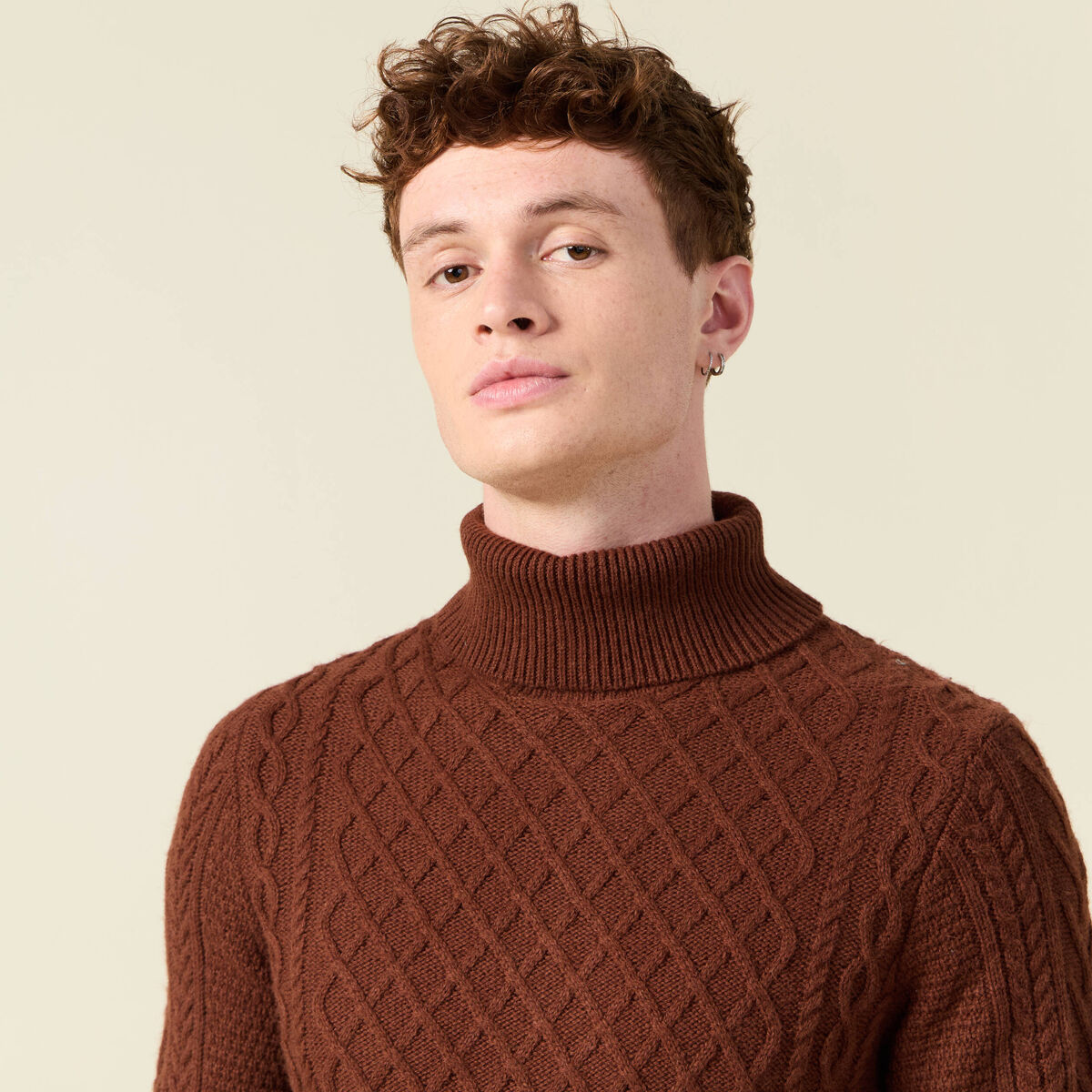 Pull manches longues marron cognac homme
