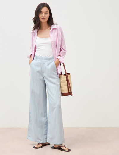 Pantalon large taille haute ceinture bleu ciel femme
