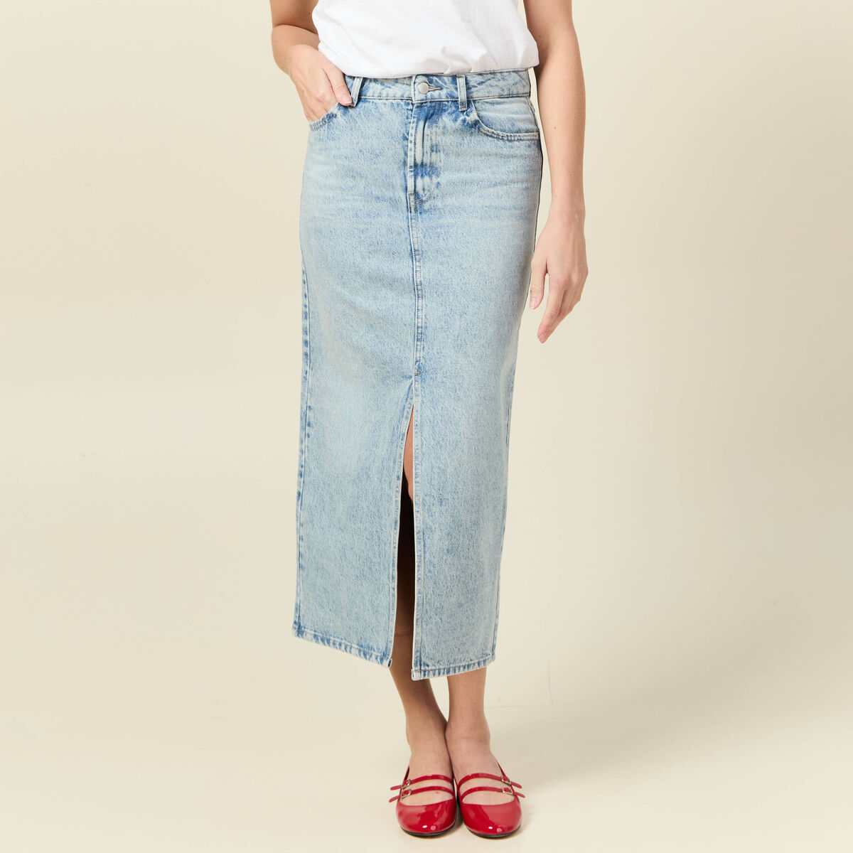 Jupe midi droite en jean denim bleach femme