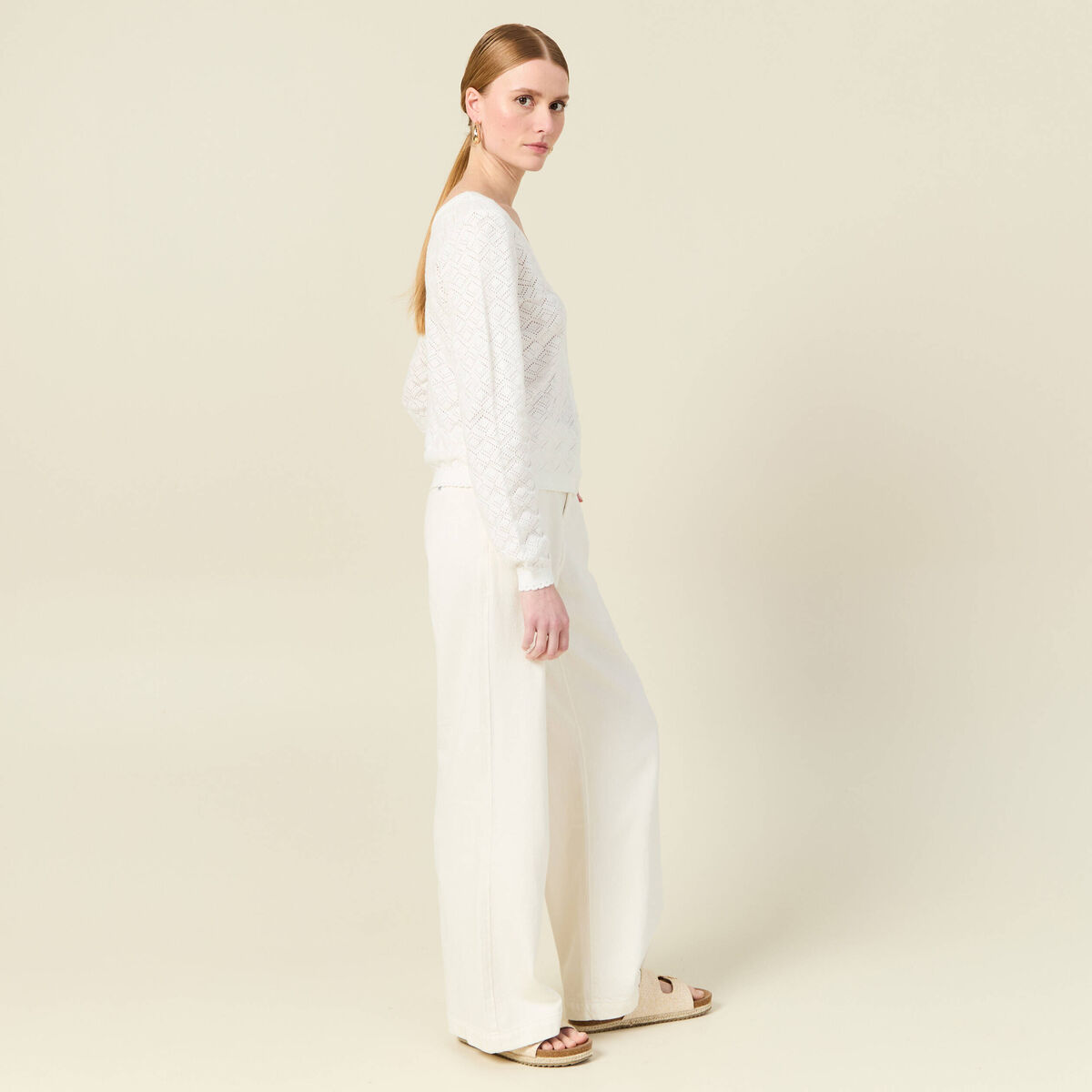 Gilet manches longues ajouré ecru femme