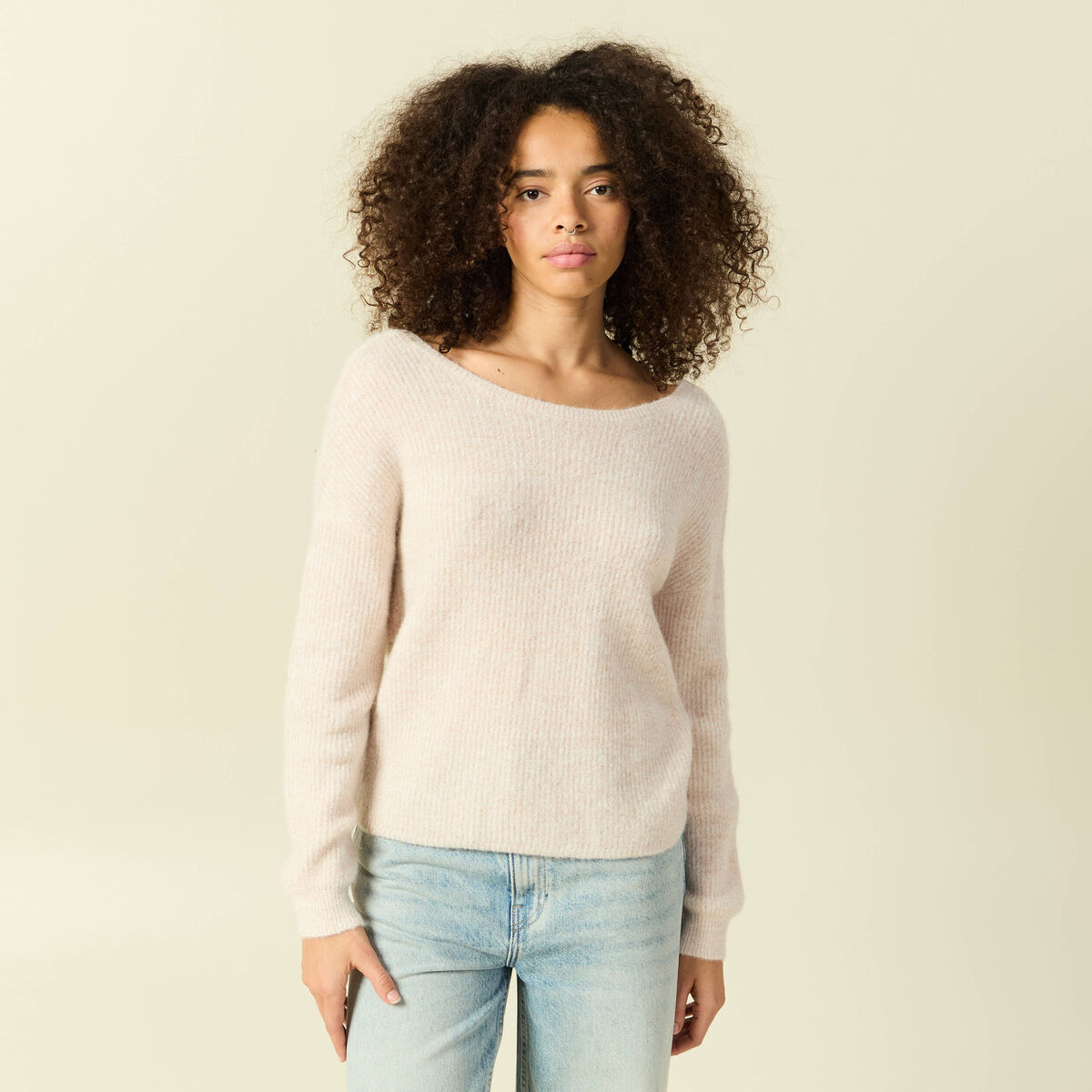 Pull r&eacute;versible manches longues col rond creme femme