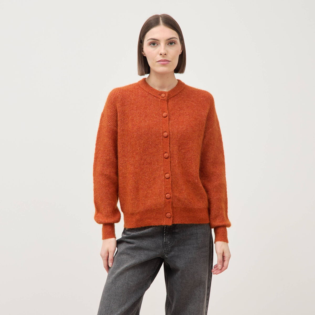 Gilet manches longues col rond marron cognac femme